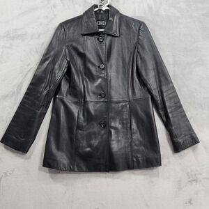 Vintage EMC Coat Womens M Black Leather Button Front Mid Length Lined Overcoat